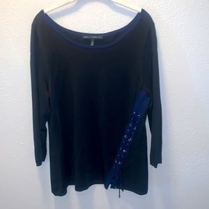 White House Black Market Top Black Blue Quarter Sleeves Women’s Sz Large